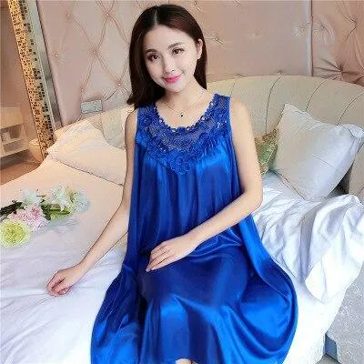 2018 Summer Nightgown sexy sleeveless Night dress women Plus size XXXXL Lace and silk Nightgowns sleepwear sleepshirt nightdress