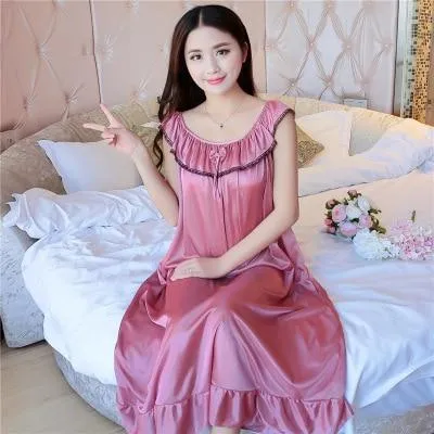 2018 Summer Nightgown sexy sleeveless Night dress women Plus size XXXXL Lace and silk Nightgowns sleepwear sleepshirt nightdress