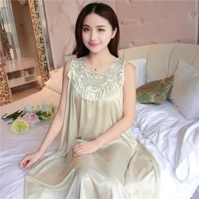 2018 Summer Nightgown sexy sleeveless Night dress women Plus size XXXXL Lace and silk Nightgowns sleepwear sleepshirt nightdress