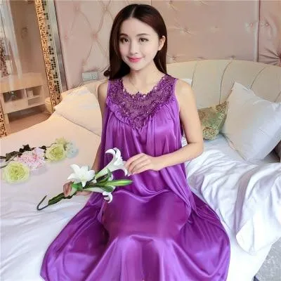 2018 Summer Nightgown sexy sleeveless Night dress women Plus size XXXXL Lace and silk Nightgowns sleepwear sleepshirt nightdress
