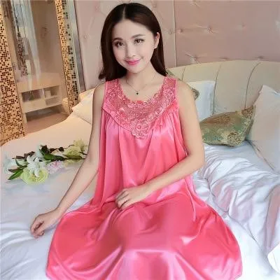 2018 Summer Nightgown sexy sleeveless Night dress women Plus size XXXXL Lace and silk Nightgowns sleepwear sleepshirt nightdress