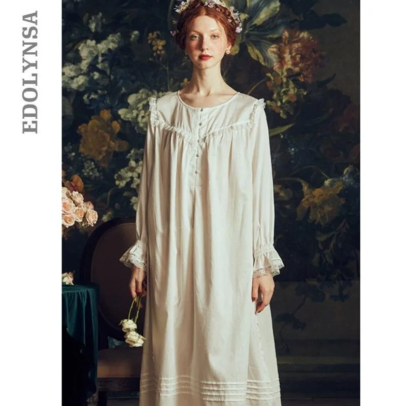 2019 Autumn Sleepwear Vintage White Cotton Nightgown Plus Size Women Home Wear Night Dress Ladies Nightwear Lingerie Nighty T550