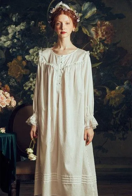 2019 Autumn Sleepwear Vintage White Cotton Nightgown Plus Size Women Home Wear Night Dress Ladies Nightwear Lingerie Nighty T550