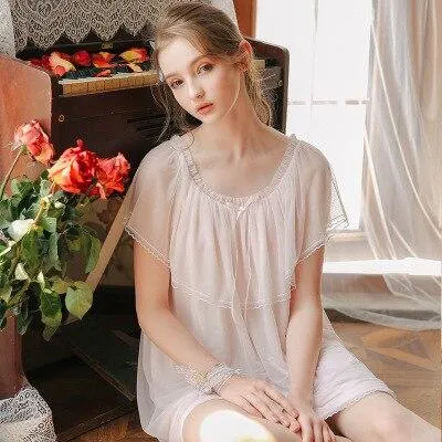 2019 Vintage Sleepwear Lace Ruffed Cotton Lining Summer Women Home Wear Night Dress Retro Princess Style Nightgown Lingerie T508