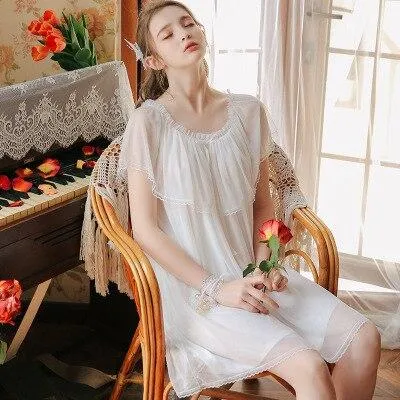 2019 Vintage Sleepwear Lace Ruffed Cotton Lining Summer Women Home Wear Night Dress Retro Princess Style Nightgown Lingerie T508