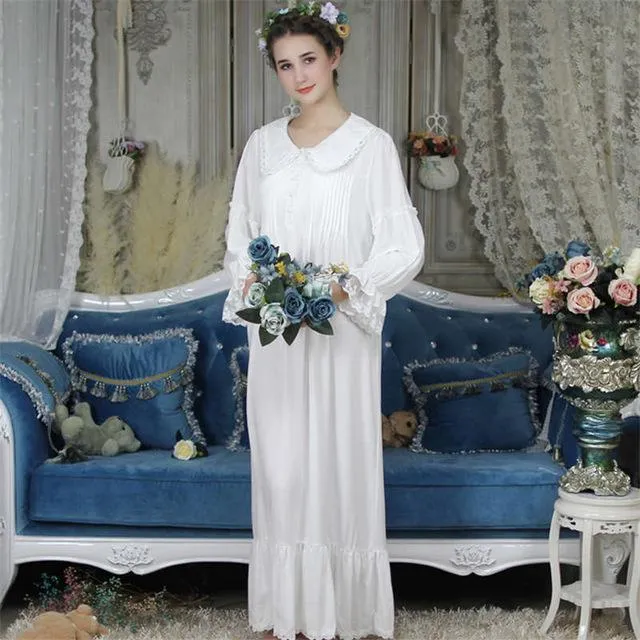 Autumn Sleepwear Women Vintage Nightgown Long Sleeve Turn Down Collar Front Button Ruffle Night Dress Plus Size Nightwear T288