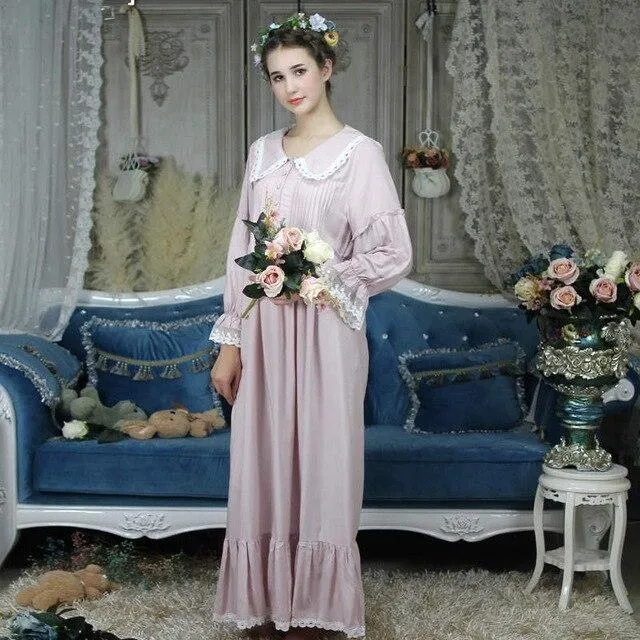 Autumn Sleepwear Women Vintage Nightgown Long Sleeve Turn Down Collar Front Button Ruffle Night Dress Plus Size Nightwear T288