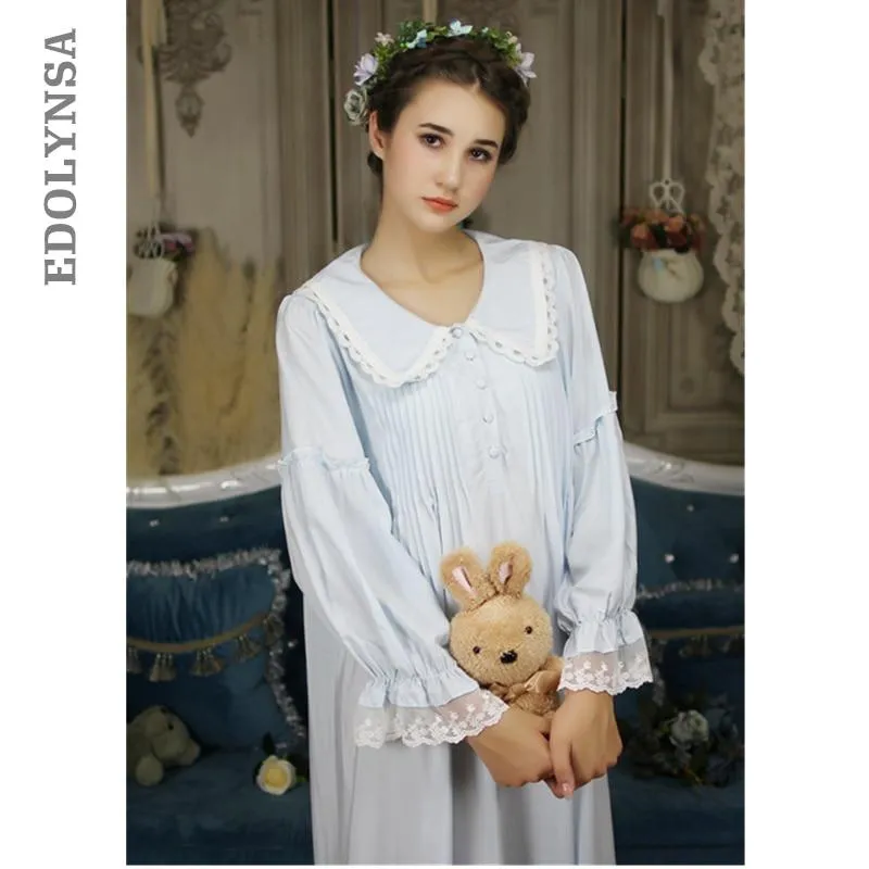 Autumn Sleepwear Women Vintage Nightgown Long Sleeve Turn Down Collar Front Button Ruffle Night Dress Plus Size Nightwear T288