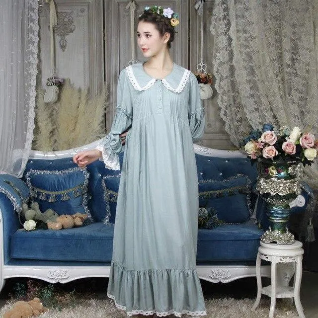 Autumn Sleepwear Women Vintage Nightgown Long Sleeve Turn Down Collar Front Button Ruffle Night Dress Plus Size Nightwear T288