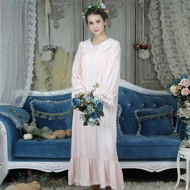 Autumn Sleepwear Women Vintage Nightgown Long Sleeve Turn Down Collar Front Button Ruffle Night Dress Plus Size Nightwear T288