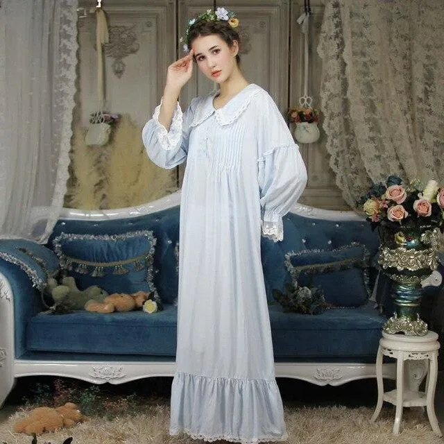 Autumn Sleepwear Women Vintage Nightgown Long Sleeve Turn Down Collar Front Button Ruffle Night Dress Plus Size Nightwear T288