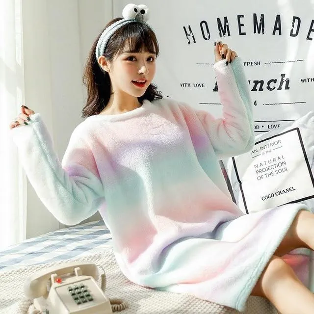 Autumn Winter Women O-Neck Nightgown Flannel Warm Sleepwear Thicken Nightdress Home Dress Lounge Nightwear Nightshirt M L XL