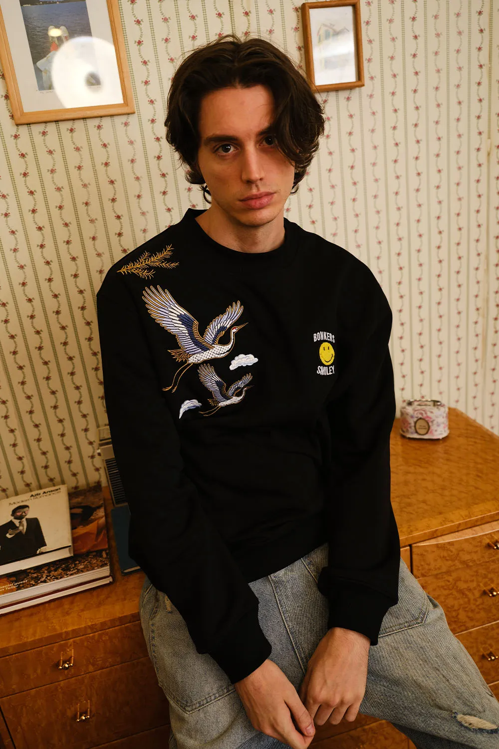 Black Embroidered Smiley Originals Sweatshirt