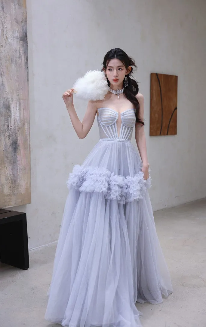 DOLLY Elegant Fog Blue strapless Bandeau High Waist Tutu wedding Dress- vero