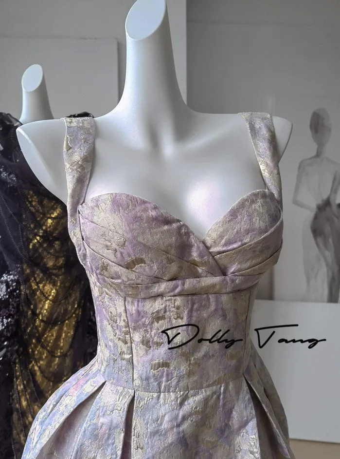 DOLLY Elegant Light Blue French High Waist Long A-Line jacquard Dress- Piere