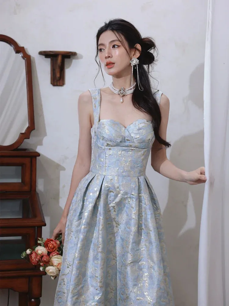 DOLLY Elegant Light Blue French High Waist Long A-Line jacquard Dress- Piere