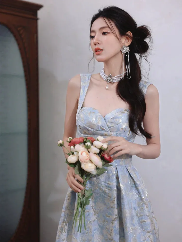 DOLLY Elegant Light Blue French High Waist Long A-Line jacquard Dress- Piere
