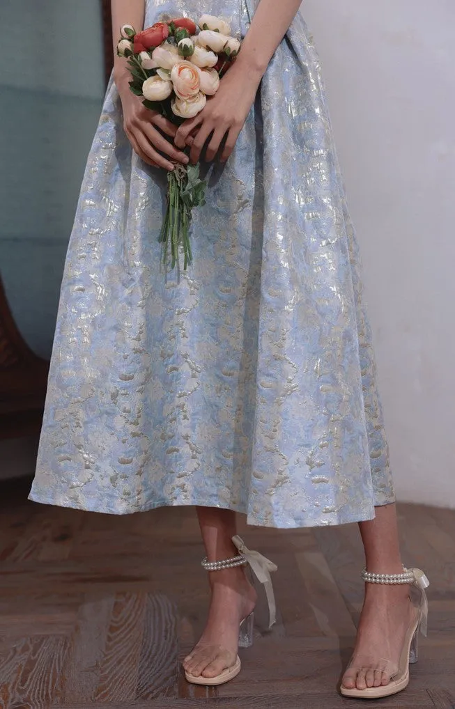 DOLLY Elegant Light Blue French High Waist Long A-Line jacquard Dress- Piere