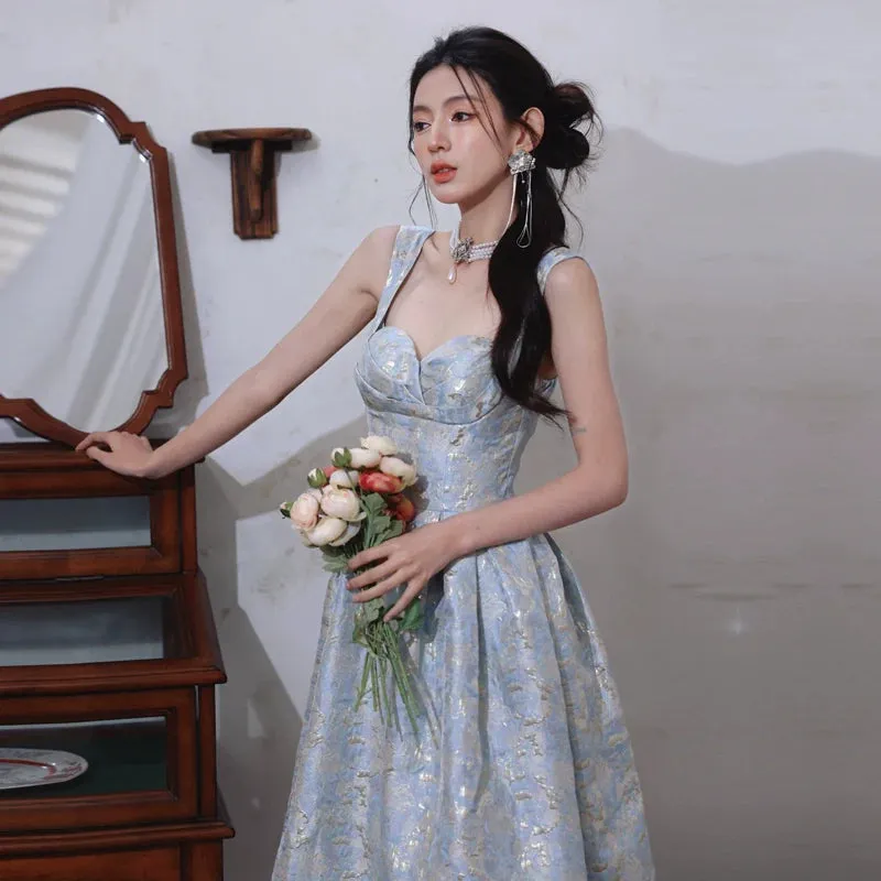 DOLLY Elegant Light Blue French High Waist Long A-Line jacquard Dress- Piere