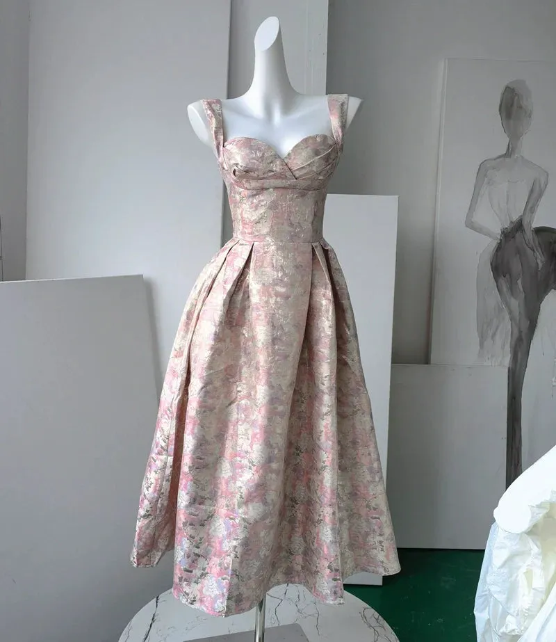 DOLLY Elegant Light Blue French High Waist Long A-Line jacquard Dress- Piere