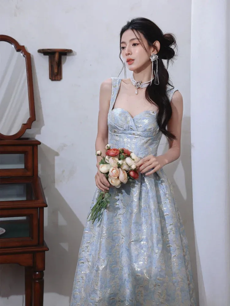 DOLLY Elegant Light Blue French High Waist Long A-Line jacquard Dress- Piere