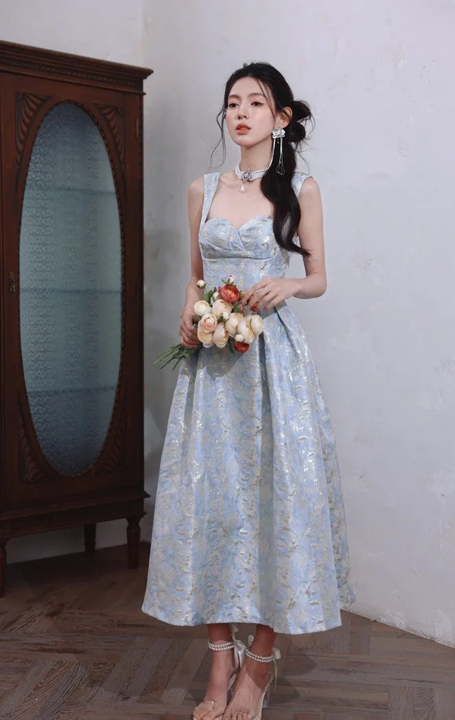 DOLLY Elegant Light Blue French High Waist Long A-Line jacquard Dress- Piere