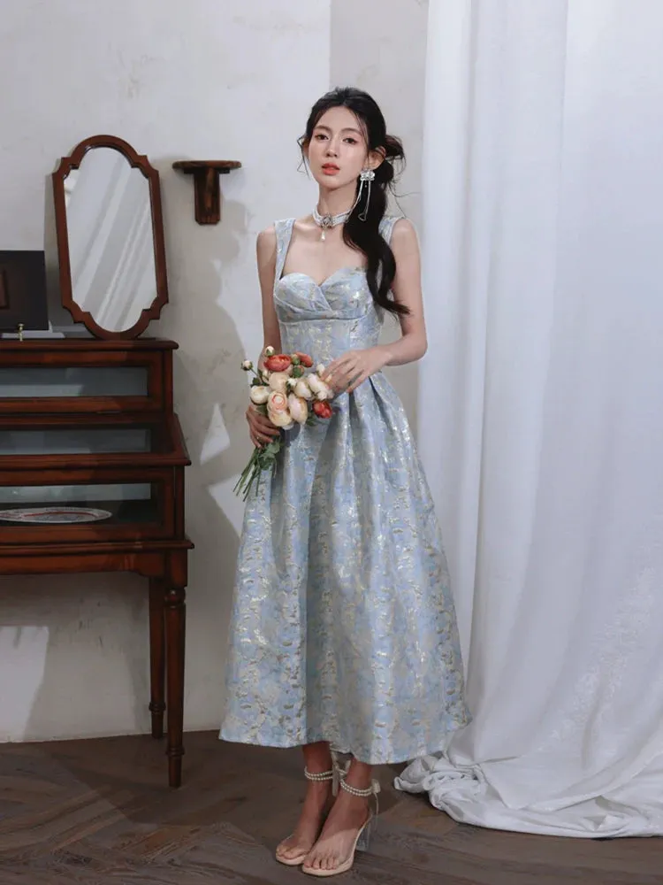 DOLLY Elegant Light Blue French High Waist Long A-Line jacquard Dress- Piere