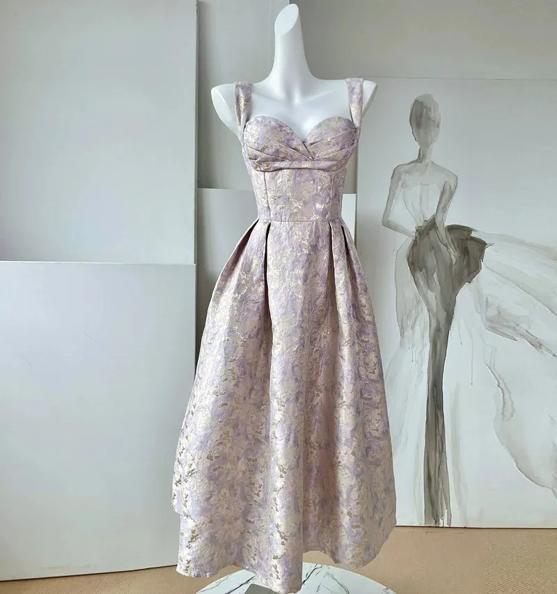 DOLLY Elegant Light Blue French High Waist Long A-Line jacquard Dress- Piere