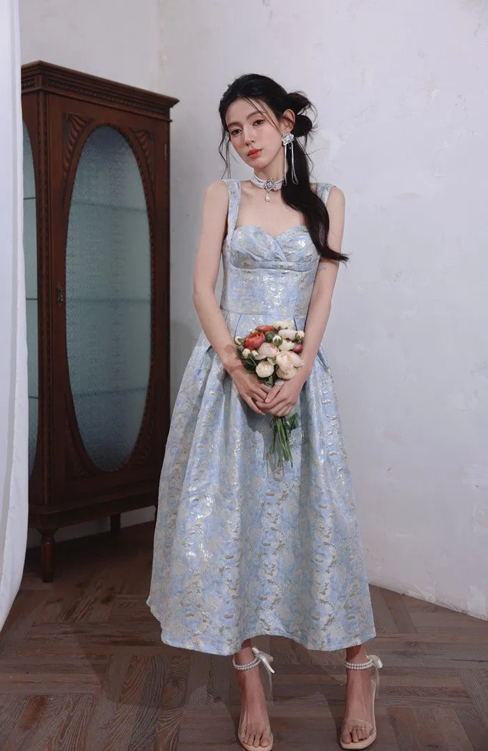 DOLLY Elegant Light Blue French High Waist Long A-Line jacquard Dress- Piere