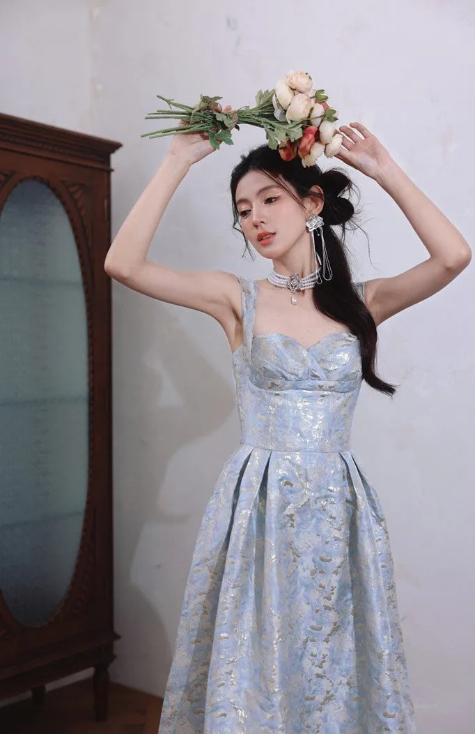 DOLLY Elegant Light Blue French High Waist Long A-Line jacquard Dress- Piere