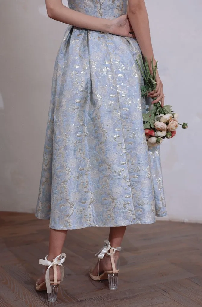 DOLLY Elegant Light Blue French High Waist Long A-Line jacquard Dress- Piere