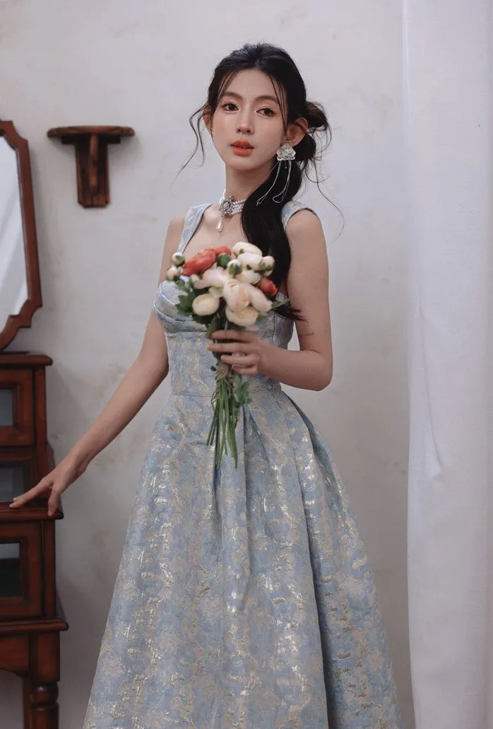 DOLLY Elegant Light Blue French High Waist Long A-Line jacquard Dress- Piere