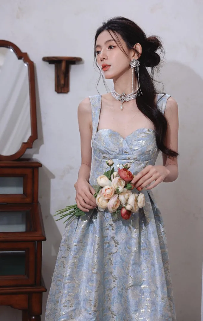 DOLLY Elegant Light Blue French High Waist Long A-Line jacquard Dress- Piere