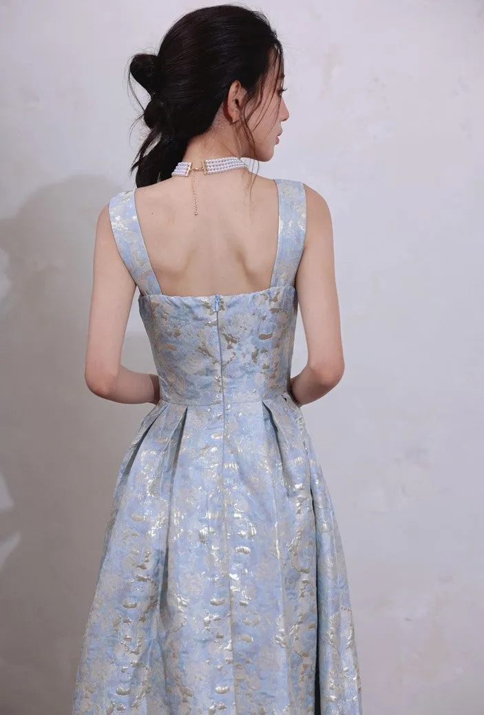 DOLLY Elegant Light Blue French High Waist Long A-Line jacquard Dress- Piere