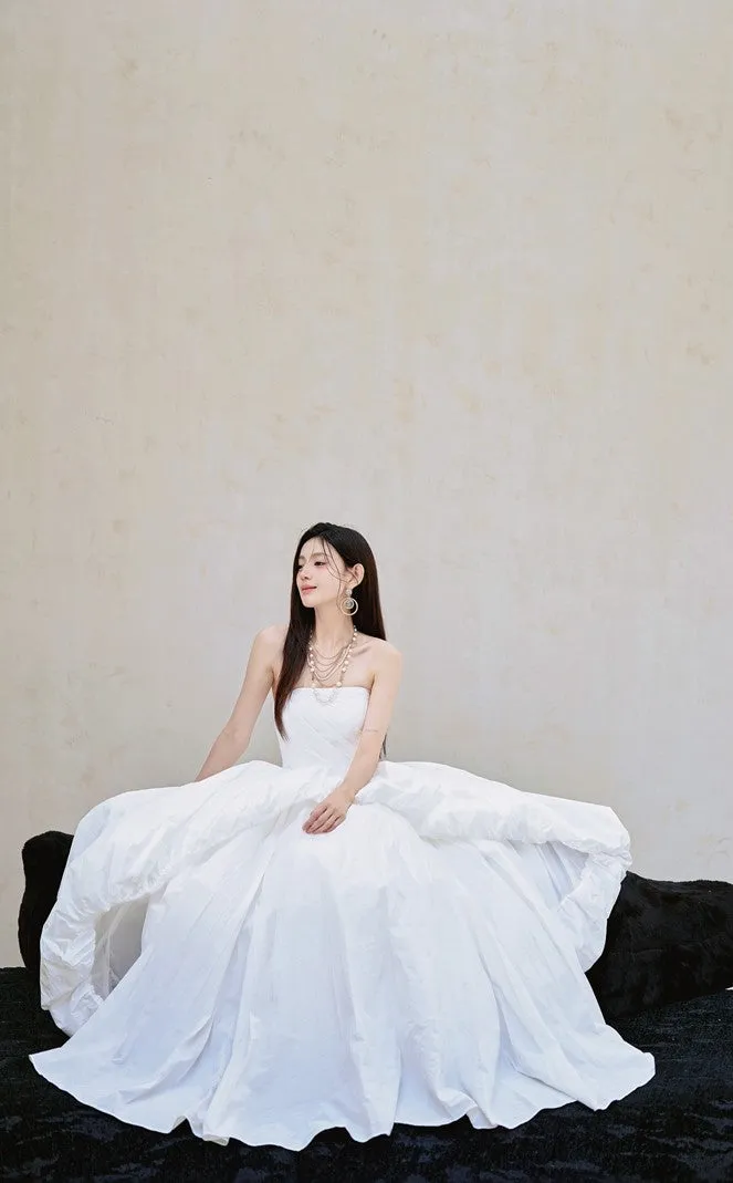 DOLLY Elegant White Tube Top Long Puffy High Waist Wedding Dress-GRACE