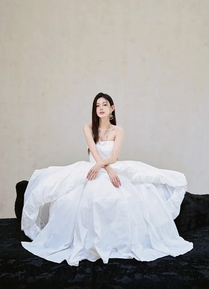 DOLLY Elegant White Tube Top Long Puffy High Waist Wedding Dress-GRACE