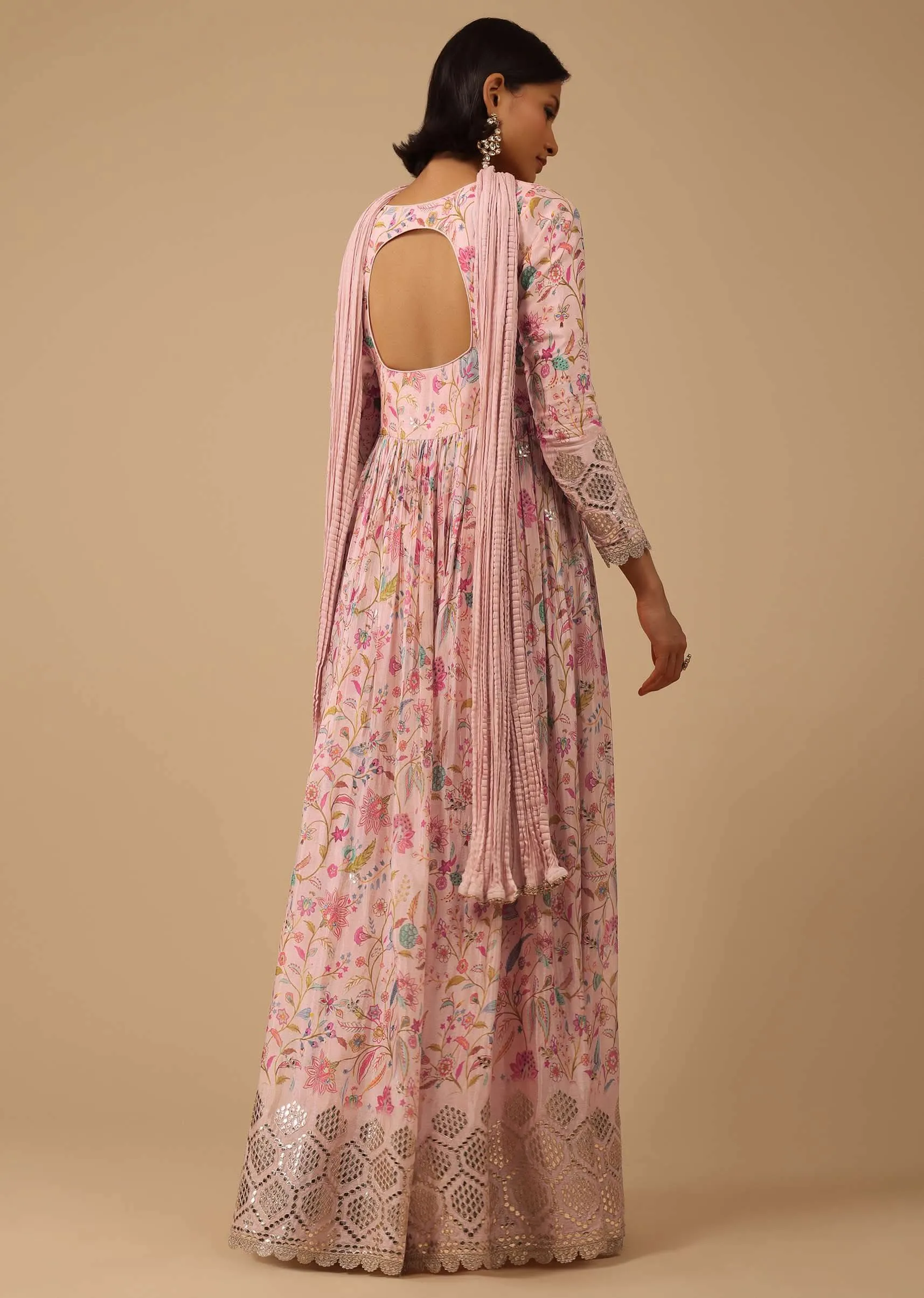 Floral Printed Powder Pink Anarkali Suit Set In Chinon With Gotta Work