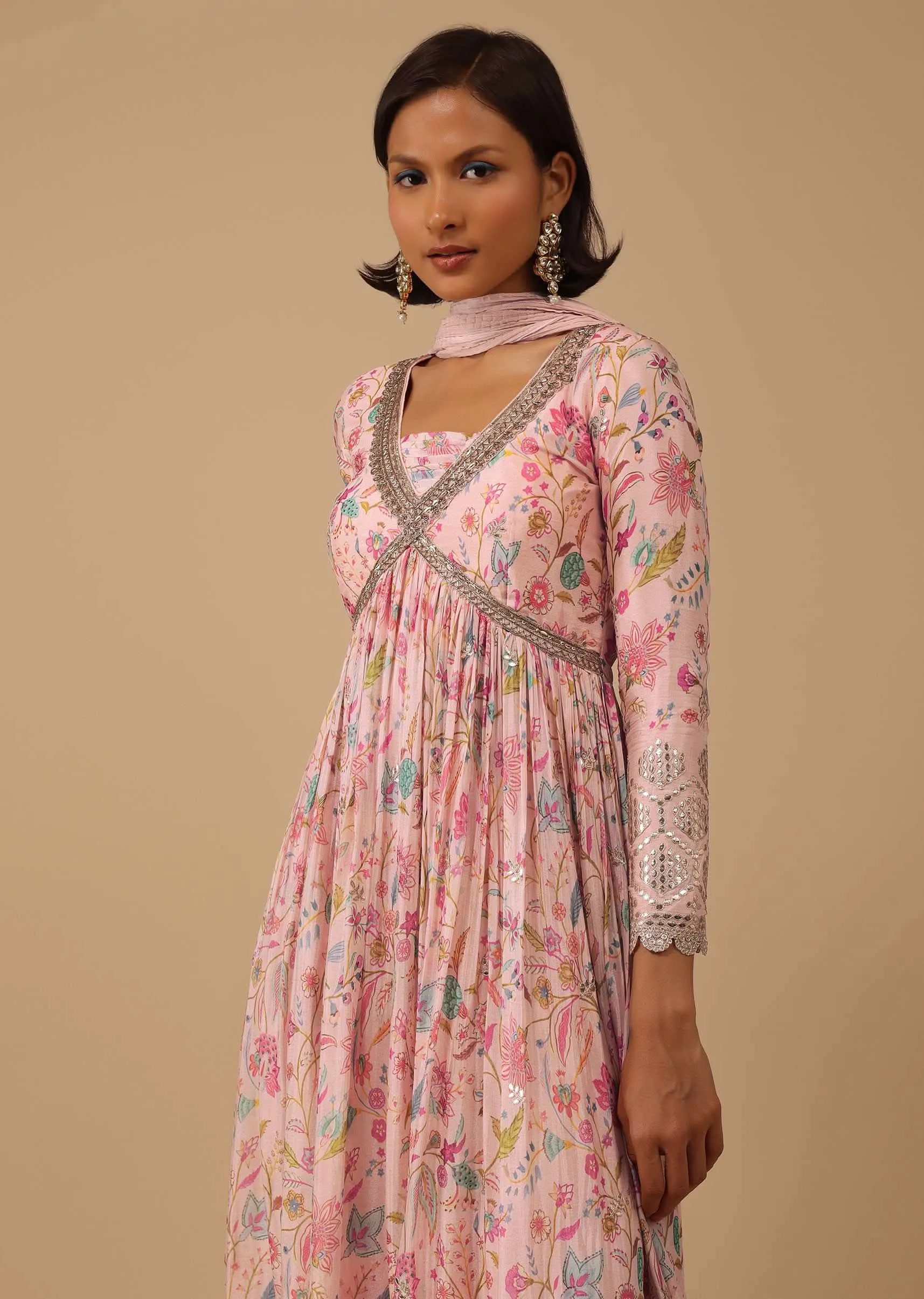 Floral Printed Powder Pink Anarkali Suit Set In Chinon With Gotta Work