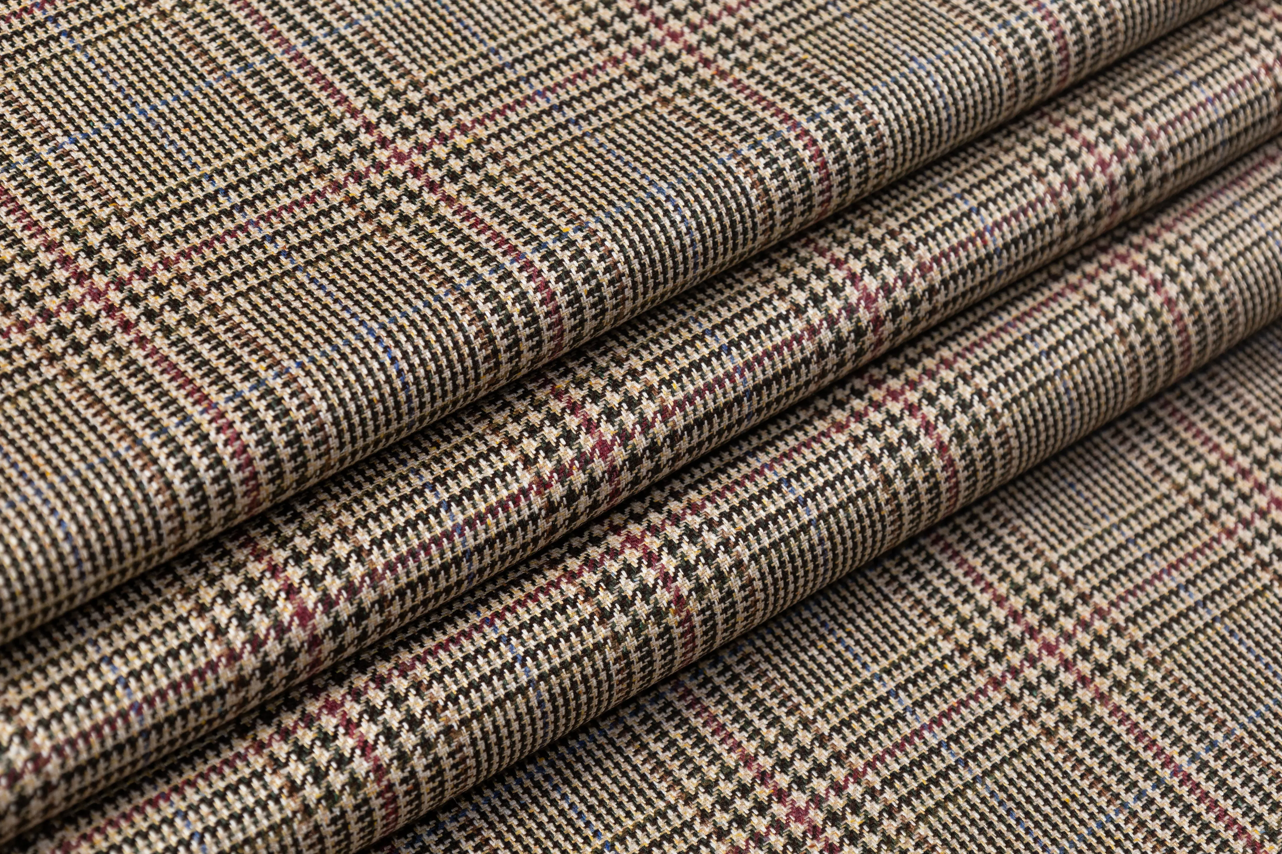 Glen Check Italian Silk Suiting - Tan / Burgundy / Blue