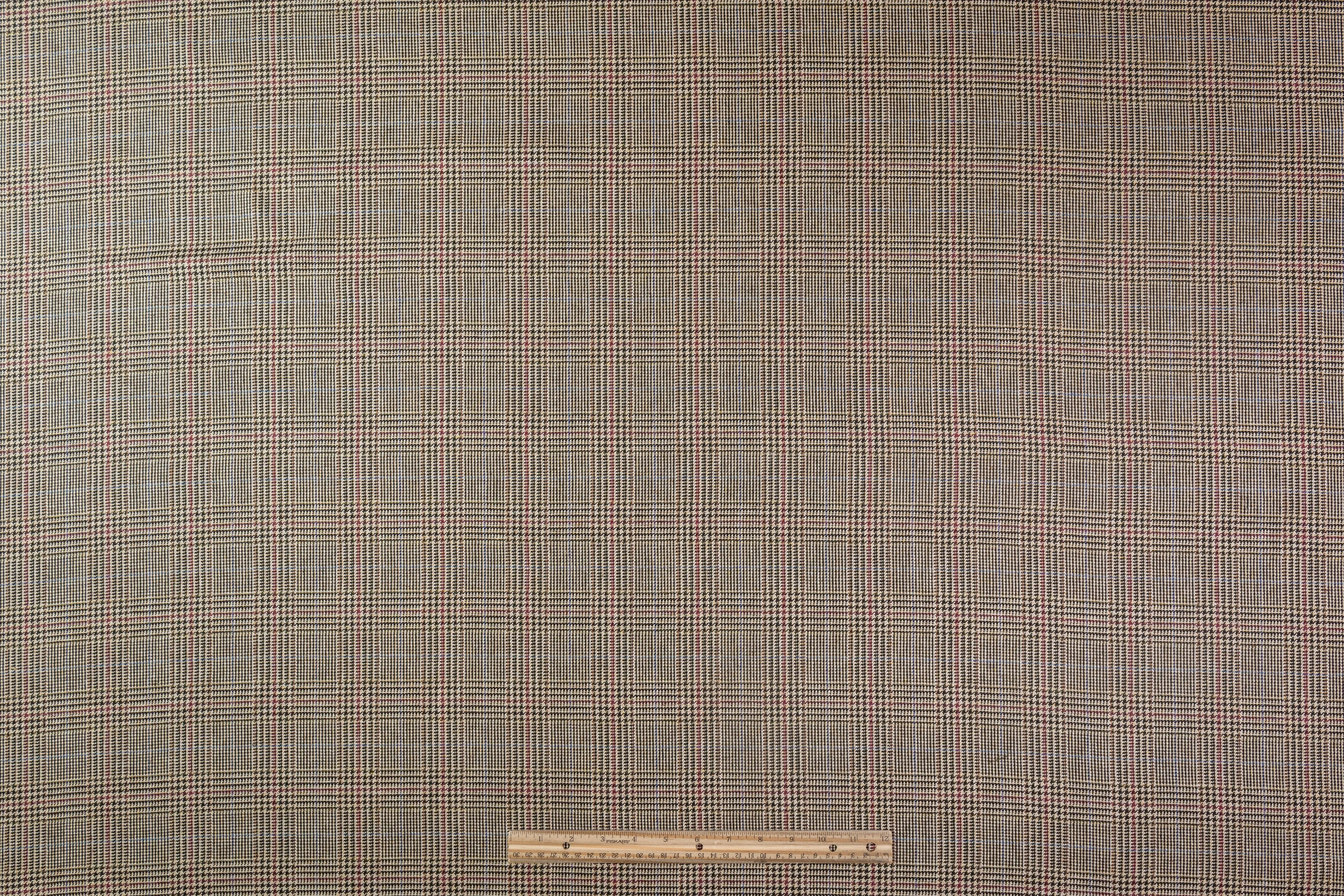 Glen Check Italian Silk Suiting - Tan / Burgundy / Blue