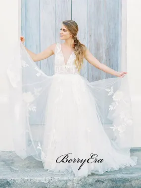 Graceful A-line Tulle Wedding Dresses, V-neck Lace Elegant Wedding Dresses
