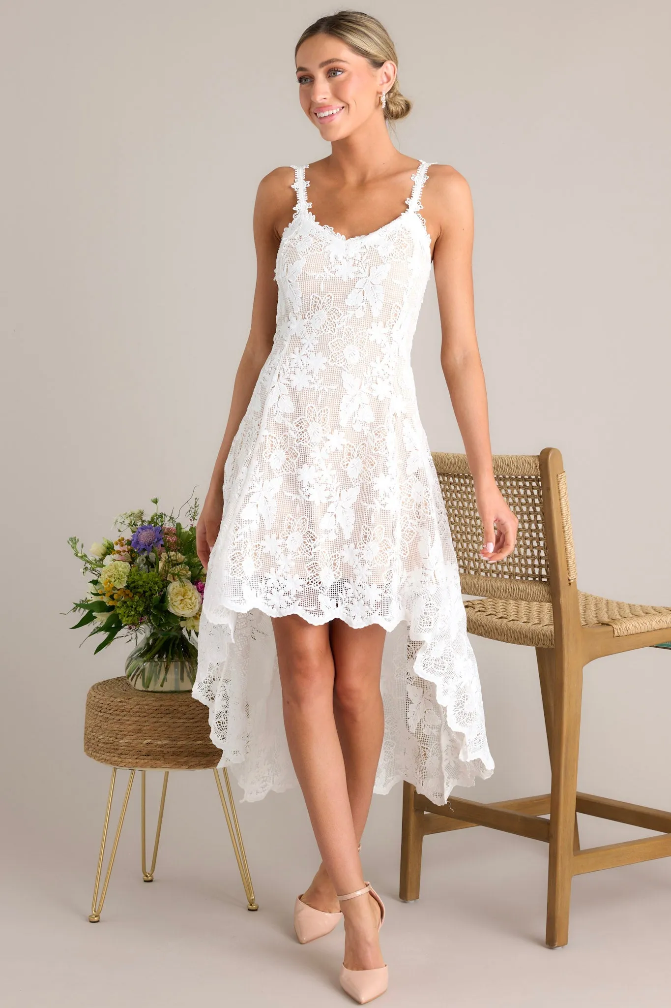 Graceful Bloom White Lace High Low Dress