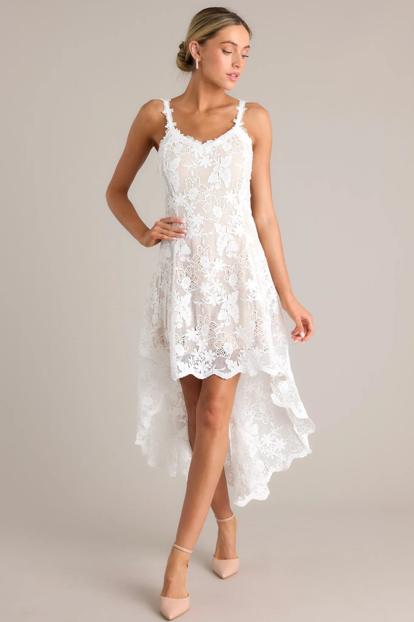 Graceful Bloom White Lace High Low Dress