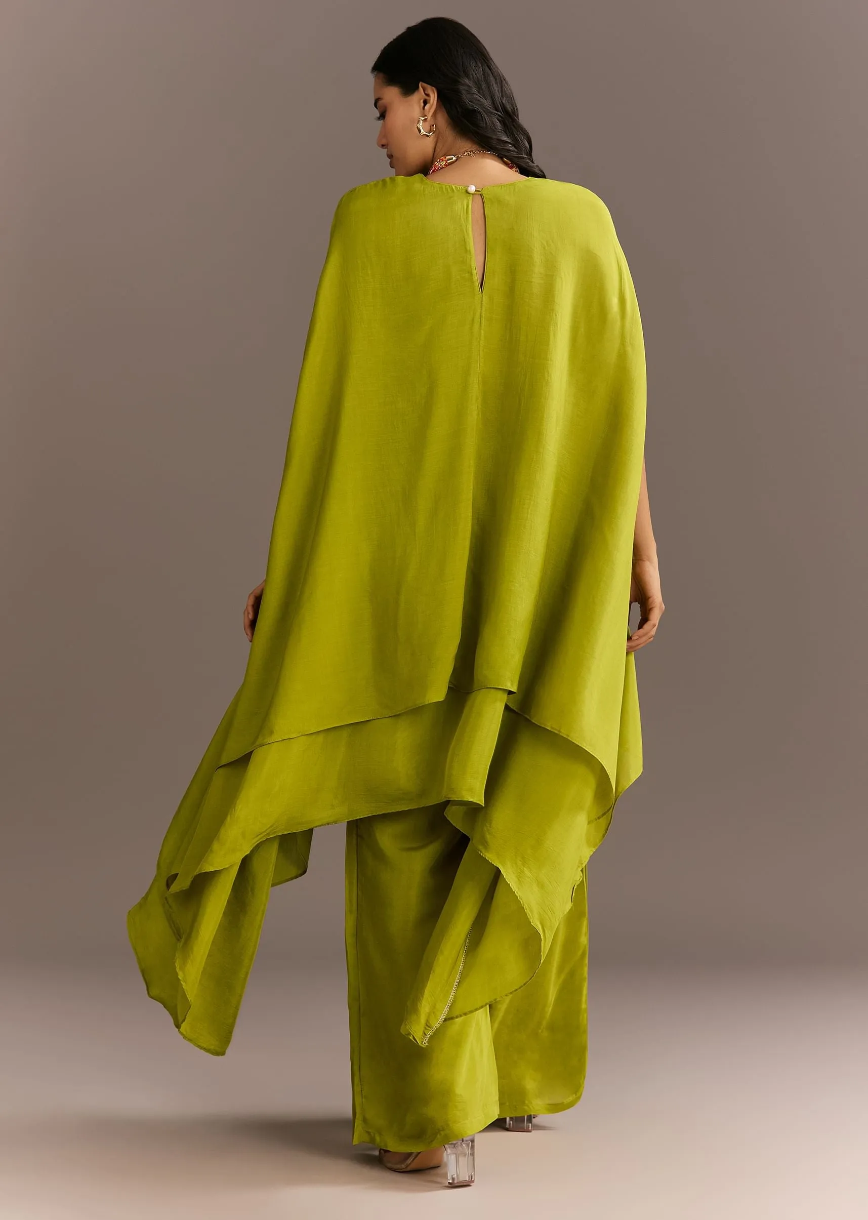 Green Asymmetrical Kurta Palazzo Set With Colorful Beaded Neckpiece