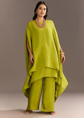 Green Asymmetrical Kurta Palazzo Set With Colorful Beaded Neckpiece
