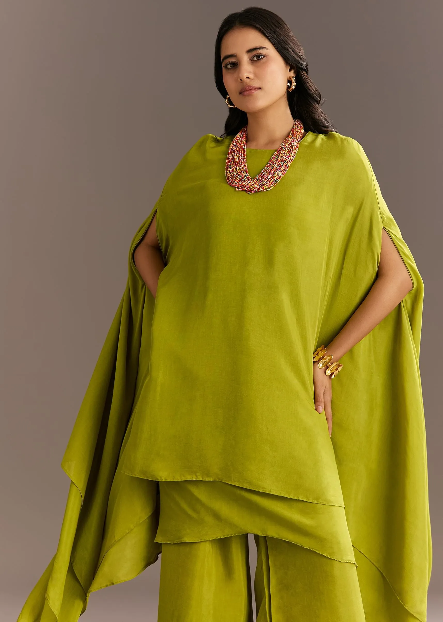 Green Asymmetrical Kurta Palazzo Set With Colorful Beaded Neckpiece