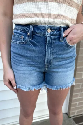 JESSI Mid Rise Raw Frayed Denim Shorts
