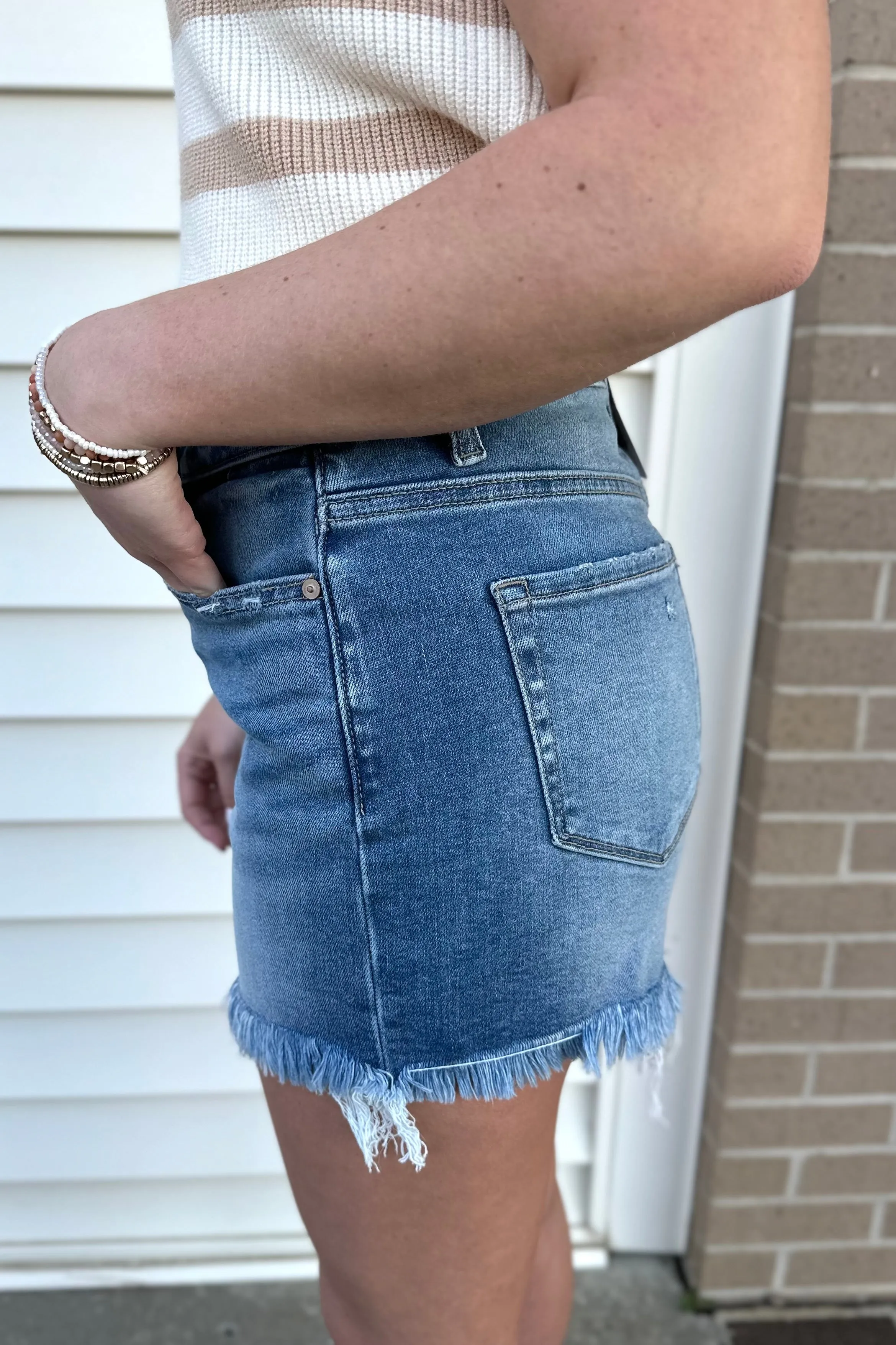 JESSI Mid Rise Raw Frayed Denim Shorts