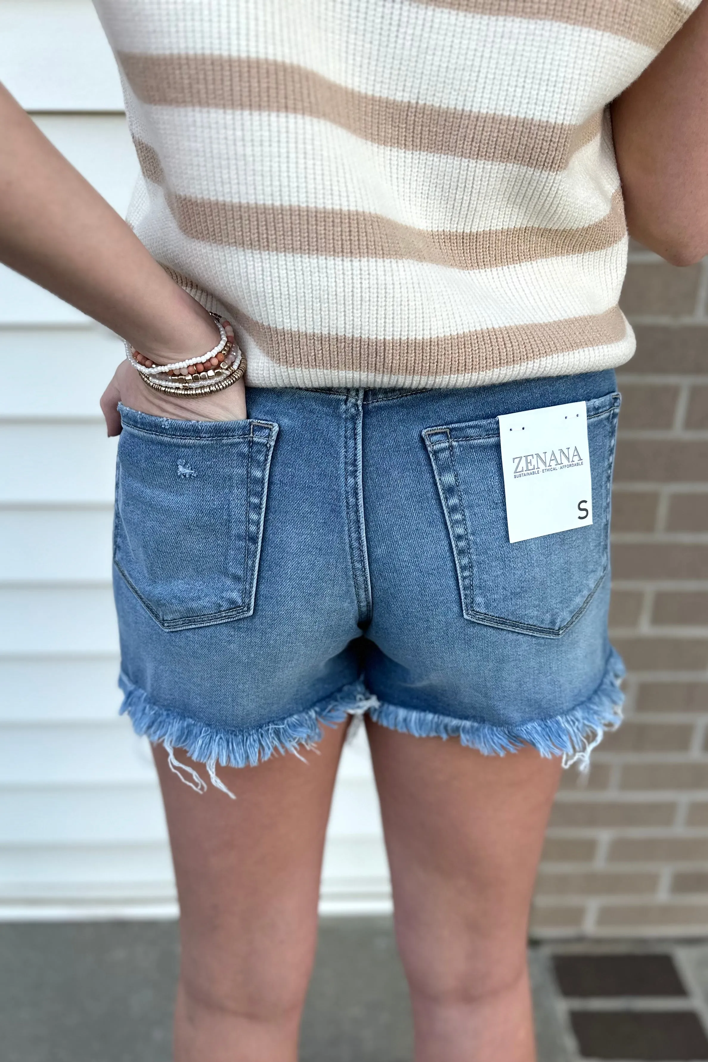 JESSI Mid Rise Raw Frayed Denim Shorts