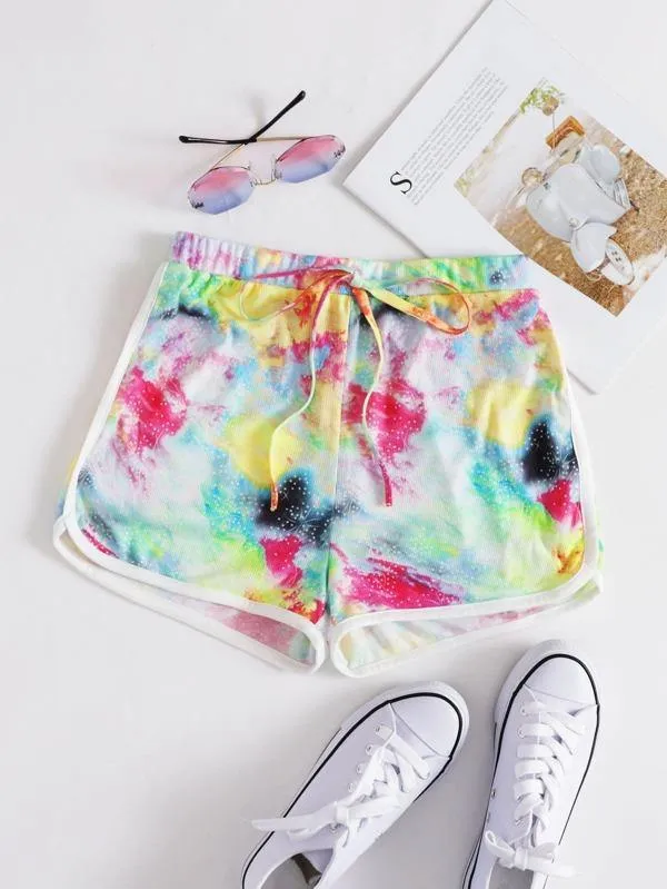 Knot Front Contrast Binding Tie Dye Dolphin Shorts